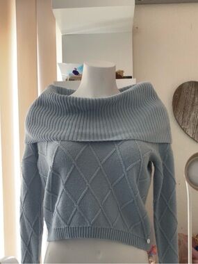 Guess Off-the-Shoulder Diamond Knit Sweater - Light Blue
